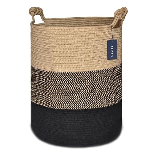 COMSE Extra Large Blanket Basket, Tall Woven Storage Basket, Nursery Hamper, 15.7”x 21.7”, Cotton Rope Laundry Hamper for Toys Clothes Towels, Brown/Black - Image 1