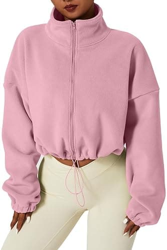 QINSEN Women's Full Zip Fleece Short Jacket Warm Winter Long Sleeve Stand Collar Sherpa Crop Coat - Image 1