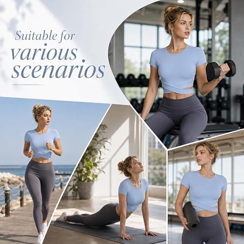 DREAM SLIM Short Sleeve Crop Tops for Women Tummy Cross Fitted Yoga Running Shirts Gym Workout Cropped Tank Tops thumbnail 7