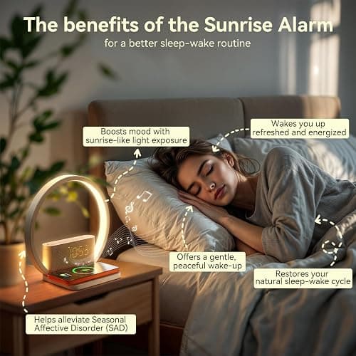 Vivilumens Sunrise Alarm Clock Wireless Charger, 10 White Noise Sound Machine Alarm Clock with 30/60/90 Mins Timer, 3 Levels Touch Night Light Dual Clocks for Heavy Sleeper Bedroom Decor Gift for Her thumbnail 3