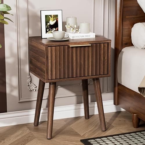 VINGLI Night Stand Set 2, Fluted Nightstands with Drawer, Mid Century Modern Nightstands Set of 2, Bedside Table, End Table, Wood Nightstand for Bedroom, Walnut, 15.75" W*11.81" D*21.85" H thumbnail 3