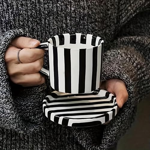 Mualuwi Tea Cup and Saucer, Ceramic 8 oz coffee mug, Dishwasher Safe and Microwave Safe, Black and White thumbnail 2