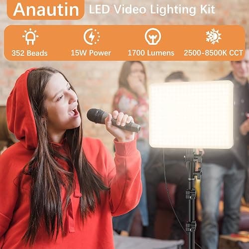 1-Pack LED Video Lighting Kit, Anautin 15W/1700Lux Photography Lighting with Tripod Stand, 2500-8500K Dimmable Streaming Light for Video Recording, Gaming, Podcast, Barber, Salon, TikTok, YouTube thumbnail 2