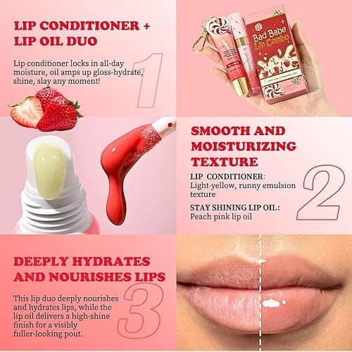 Lip Conditioner & Lip Oil Set,Moisturizing Lip Care Set,Hydrating Lip Balm Set for Dry & Chapped Lips,Day & Night LipGloss Balm Kit,Gifts for Teenager Girl (Strawberry) thumbnail 7