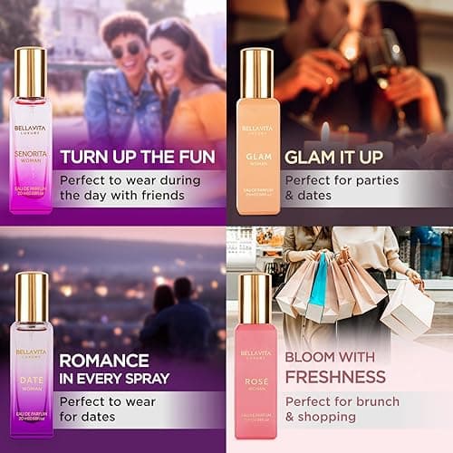 BellaVita Luxury Women's Perfume Gift Set (4x20ml) | Notes of Floral, Sweet, Spicey Red Fruit, Vanilla & Musk | DATE, SENORITA, GLAM & ROSE | French Parfum Collection Gift Set thumbnail 9