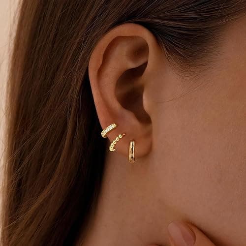 Turandoss Small Gold Hoop Earrings for Women Trendy - 14K Gold Plated Beaded Hoops Hypoallergenic Huggie Cubic Zirconia Earrings, Dainty Hoops Earring Set for Multiple Piercing thumbnail 2