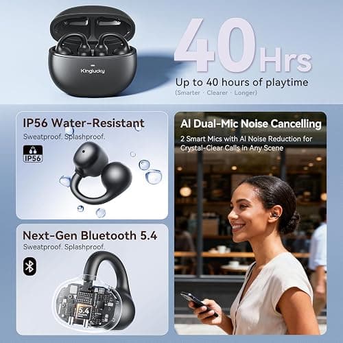 Kinglucky Upgraded Clip-On Earbuds Comfortable fit & Crystal-Clear Sound, 40H Playtime Open Ear Buds Bluetooth 5.4 Wireless Headphones for Women Ideal for Small Ears,Sports,Workouts,Glasses Black thumbnail 6
