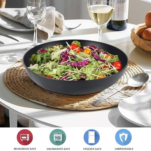 Wrova Large salad bowls,65oz Salad bowls set of 2,Unbreakable Plastic bowls Microwave & Dishwasher Safe Bowls,Wheat Straw Serving Bowls for Salad, Cereal, Fruit, Dishwasher Safe.Black thumbnail 6