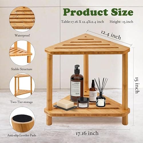 Bamboo Corner Shower Stool,2-Tier Waterproof Shower Stool for Inside Shower Shaving Leg,Small Spaces,Shower Foot Rest with Storage Shelf,Shower Bench,Bath Seat,Corner Nightstand gift for women mom thumbnail 3