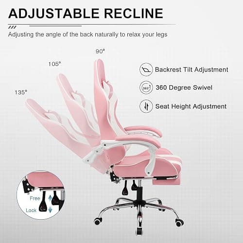 GTPLAYER Silla Gaming con Masajeador Ergonómica Silla Gamer con Reposapiés Reposacabeza, Silla de Oficina Ergonómica, Soporte Lumbar, Silla Juego Ajustable en Altura, Rosa thumbnail 4