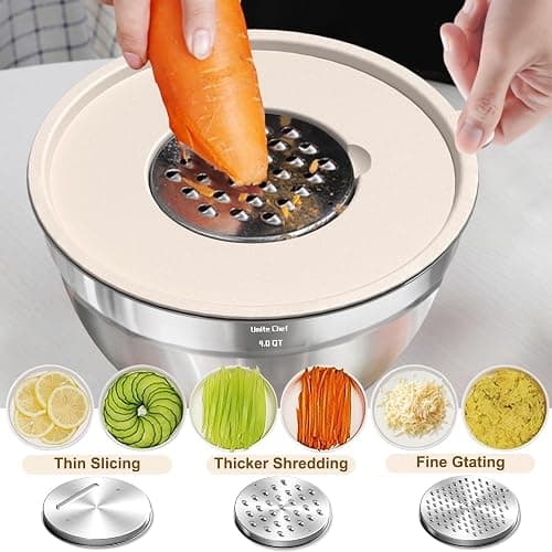Umite Chef Mixing Bowls with Airtight Lids Set, 8PCS Stainless Steel Khaki Nesting Bowls with Grater Attachments, Kitchen Bowls with Non-Slip Bottoms, Size 5, 4, 3.5, 2, 1.5QT for Mixing & Serving - Khaki thumbnail 8