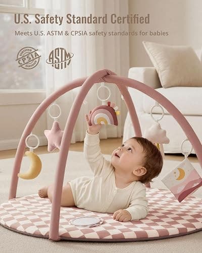 Blissful Diary Baby Play Gym Mat, Play Mat Activity Mat with 6 Detachable Toys for Stage-Based Sensory & Motor Skill Development, Easy to Install & Clean, Baby Essentials Gift, Blush Checkered thumbnail 7