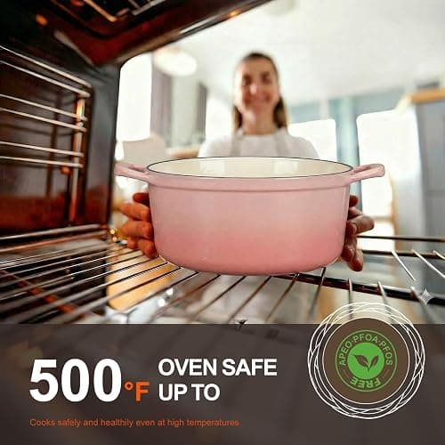 Overmont Enameled Cast Iron Dutch Oven - 5.5QT Pot with Lid Cookbook, Pink | Heavy-Duty Cookware with Cotton Potholders, Enclosed Lid-Knob Design, Oven Safe for Sourdough Baking Braising Stews Roasting thumbnail 5