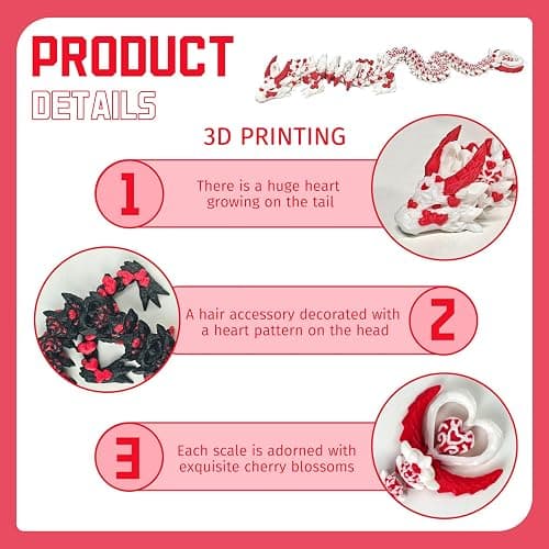 2PCS 3D Printed Dragon with Heart Design - 12.7 Inches Light and Dark Heart Themed Articulating Dragons, Rotating Hearts Tail - Perfect Home Decor or Valentine’s Christmas Easter Basket Stuffers thumbnail 4