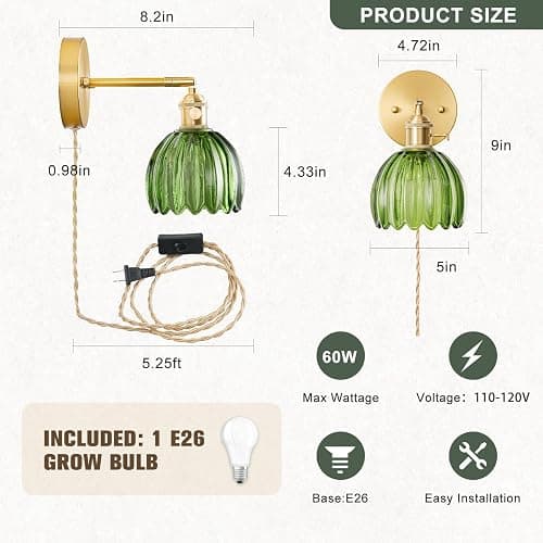 LINSEEDS Wall Mounted Grow Lights for Indoor Plants with Vintage Tulip Glass Shade, Switch and Power Cord, Decorative Hanging Plants Light for Growing thumbnail 8