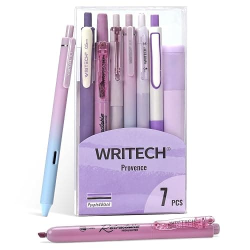 WRITECH Gel Pens Journaling Highlighters: 0.5 &0.7mm Purple Journal Set 7ct | Black & Multicolor Pen Highlighter No Bleed Smooth Writing for Drawing Journaling Teachers Nurses Office Gift - Image 1