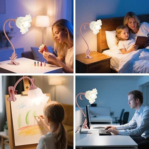 Clip On Light and Flower Bedside Table Lamp, Flexible Gooseneck Reading Book Light with 3 Color Modes, Night Light for Kids Nursery, Clip on for Desk, Bed Headboard, Dorm (Pink) thumbnail 7