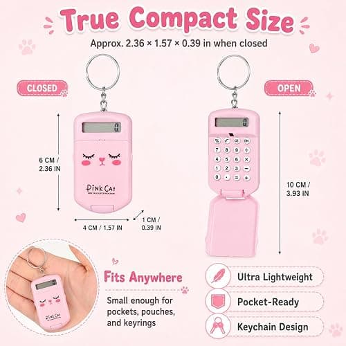 NUOBESTY 2Pcs Mini Calculator Keychain, Pocket Size 8-Digit Flip Cover with Key Ring Cute Small Calculator Students Backpacks Pencil Cases Supplies for School Office Home (Pink & Gray) thumbnail 2