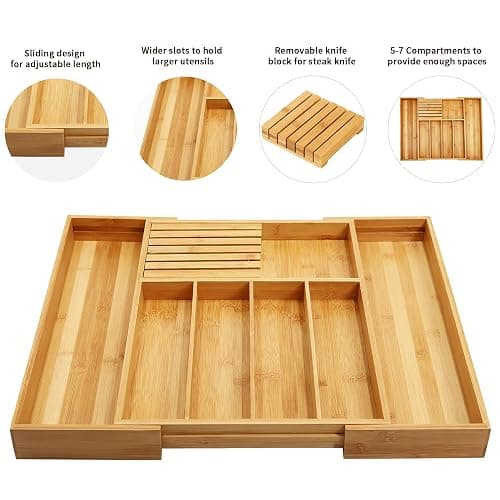 VaeFae Bamboo Silverware Drawer Organizer Kitchen, Expandable Utensil Organizer with Knife Block, Cutlery Tray with Divider, Multifunctional Drawer Organizer thumbnail 4