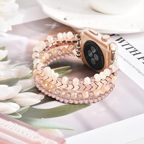 MOFREE Beaded Bracelet Apple Watch Band for Women 38mm 40mm 41mm 42mm, Elastic Stretch Women Strap Bands Compatible with iWatch Series 11/10/9/8/7/SE/6/5/4/3/2/1, Rose Gold for 5.3''-6.2'' Wrists thumbnail 7