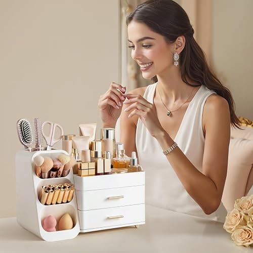 HBlife Makeup Organizer with Brush Holder for Vanity, Large Plastic Bathroom Countertop Organizer Skin Care Storage, Easy to Store Lipsticks, Nail Polishes, Perfumes, Eyeshadow Palettes, All White thumbnail 6