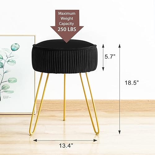 LUE BONA Pleated Vanity Stool, Velvet Upholstered Vanity Stool for Makeup Room, Ottoman Footrest with Metal Legs for Living Room, Bedroom, Black thumbnail 3