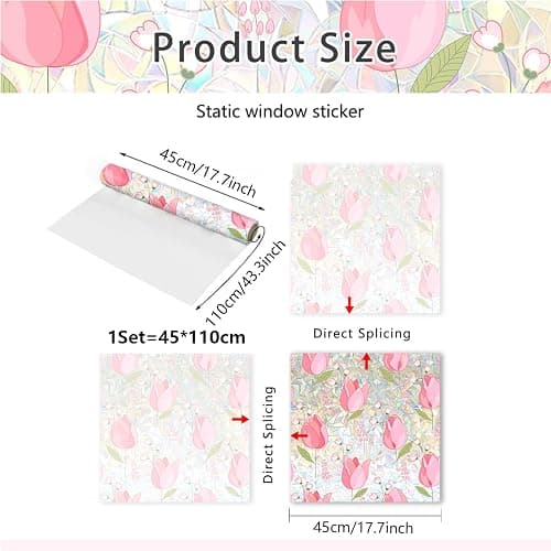 WBQMUNY Window Film,Rainbow Window Privacy Film,Tulip Vine Double Sided Static Glass Window Clings Stickers for Home Office Living Room Bathroom Glass Windows Door Decor17.7" x 43.3" thumbnail 2
