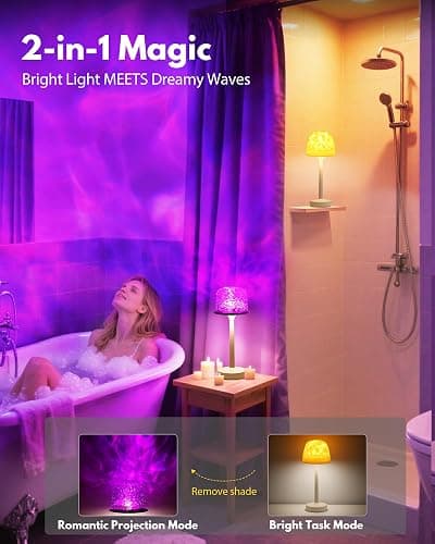 Funlenry Shower Lamp - Waterproof Bathroom Lamp with 16 Color Ocean Wave Projector, Rechargeable Shower Light with Touch & Remote Control, Cordless Light for Inside Shower/Bathtub thumbnail 2