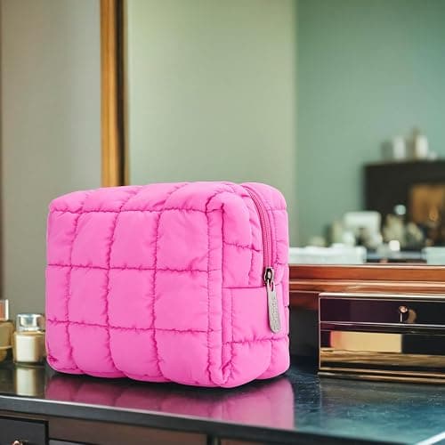 E-Tree Cute Makeup Bag,Quilted Cosmetic Bag,Make up Pouch for Purse,Toiletry Zipper Pouch,Checkered Bag,Travel Case,Storage Pouches for Organization (Hot Pink) thumbnail 2