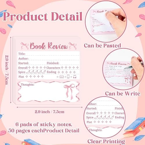 L1rabe Book Review Mini Sticky Notes - 6P Spring Easter Gift Pink Self Stick Note Pads Reading Tracker for Book Lover Readers, 300 Sheets Small Notepads Reading Log Stickers for Bookish Bookworm Gift thumbnail 3