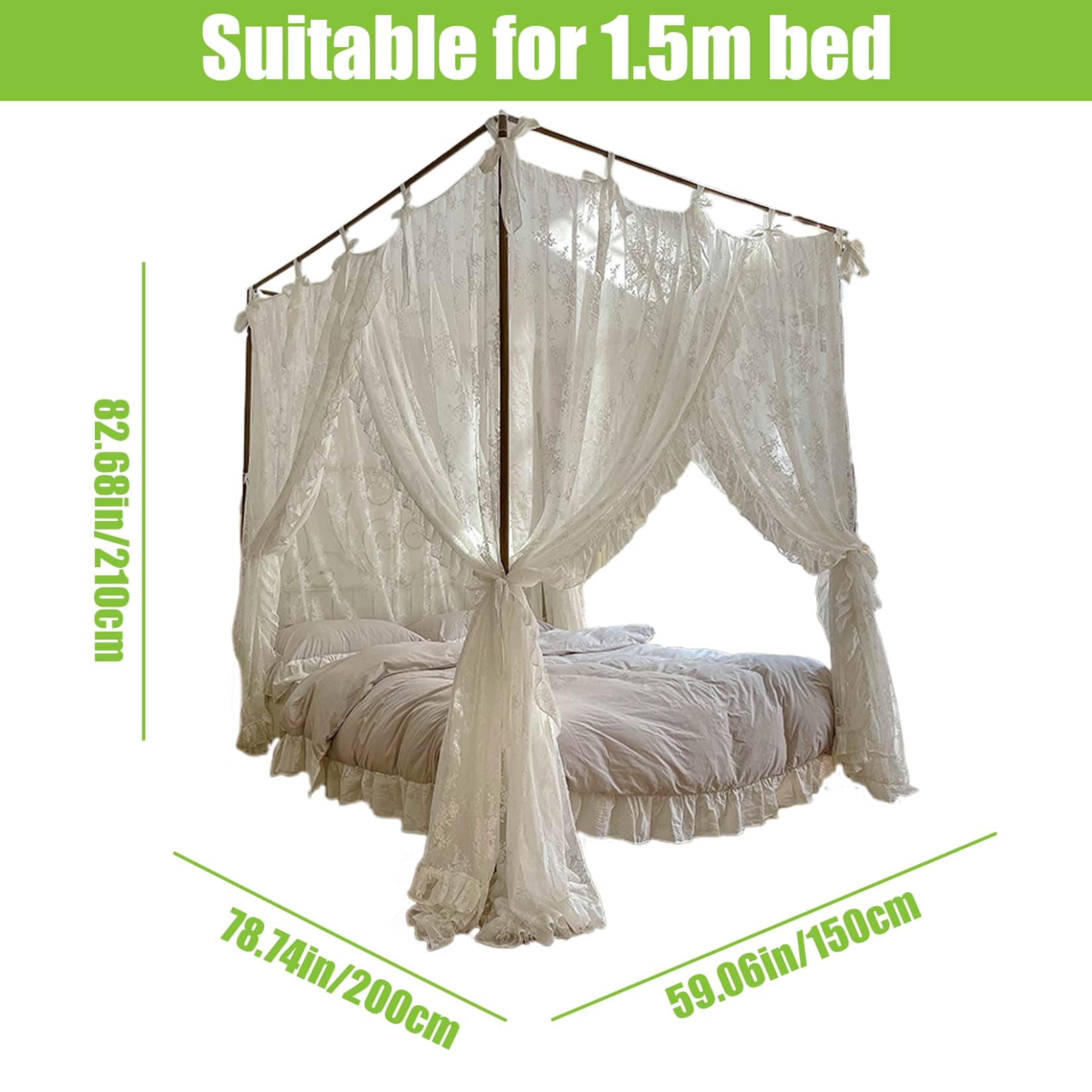 Canopy Bed Curtains Three-Opening Lace Princess Bed Canopy 4 Corner Post Hanging Curtains with Ties Fit 4.92ft thumbnail 2
