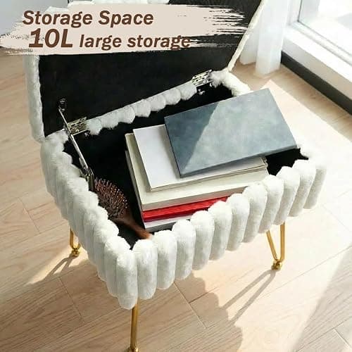EBENCHICO Vanity Stool Chair with Storage, Faux Fur Stools for Vanity | Makeup Ottoman, Foot Stool, with 4 Metal Legs, Adjustable Feet, Small Vanity Bench, for Living Room Bedroom, White thumbnail 5