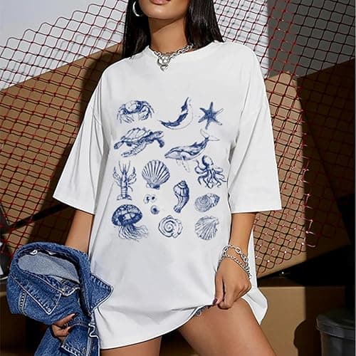 Oversized Graphic Tees for Women Y2k Short Sleeve Ocean/Shark Baggy Shirt Cute Crewneck Aesthetic Preppy Clothes - White Ocean - Small thumbnail 2