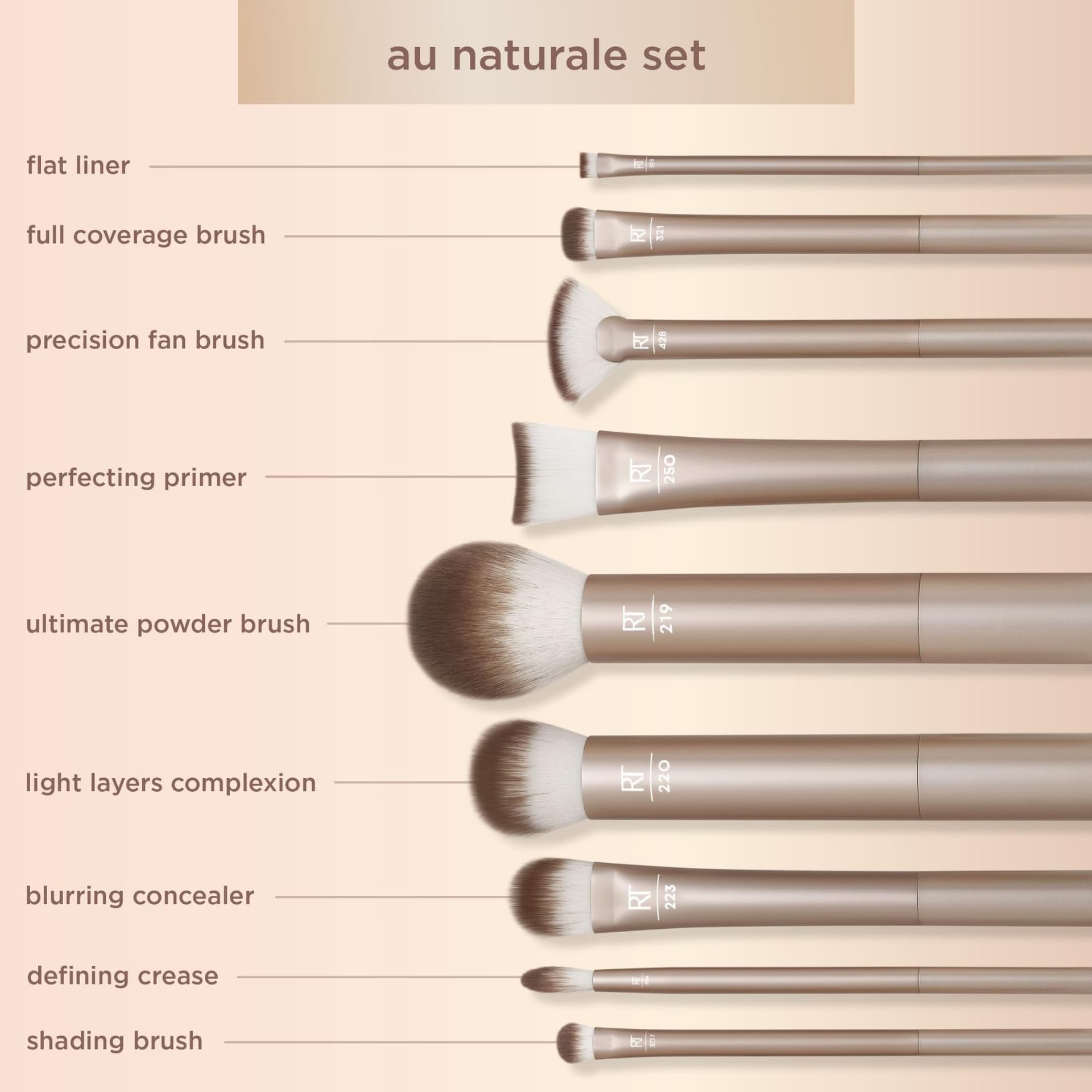 REAL TECHNIQUES Au Natural Makeup Brush Kit for Foundation, Powders and Concealers, Premium Quality Facial Brushes, Set of 9, Gold thumbnail 4