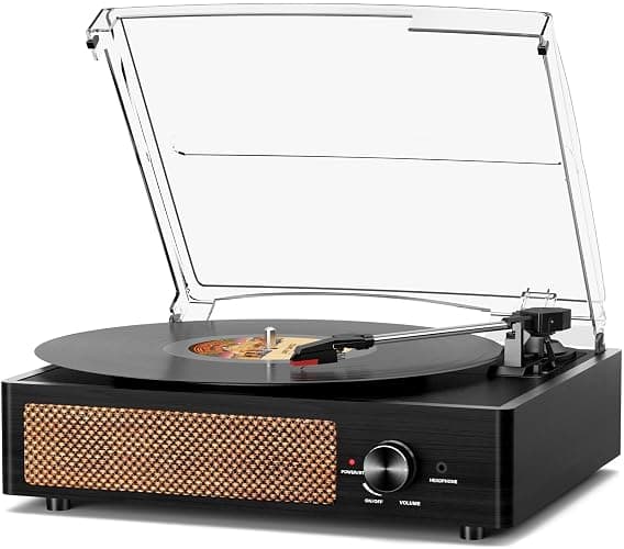 Record Player for Vinyl with 2 Build-in Speakers LP Vinyl Players Belt-Driven Vintage Turntables 3 Speed 3 Size, Wireless Bluetooth Playback, AUX-in, RCA Out, Headphone, Auto Stop - Image 1