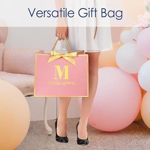 Initial Birthday Gift Bag with Card and Tissue Paper for Women/ Her, 13" Large Pink Gold Personalized Alphabet Bow Bag, Birthday Decorations for Women, Bridal Party Paper Bags for Gifts Wrapping thumbnail 5