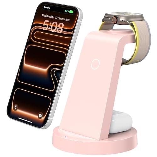 Anlmz 3 in 1 Charging Station for iPhone, Wireless Charger for iPhone 17 16e 16 15 14 13 12 11 X Pro Max & Apple Watch - Charging Stand Dock for AirPods (Pink) - Image 1