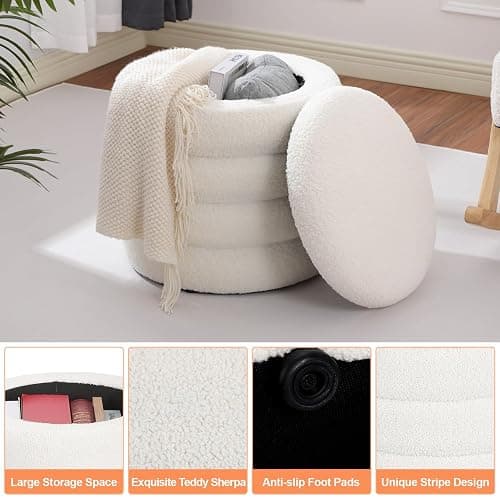 Dolift Teddy Sherpa Round Ottoman with Storage, Modern Upholstered Vanity Stool Foot Rest, Small White Boucle Storage Ottoman for Bedroom, Living Room, Entryway, Dorm thumbnail 4