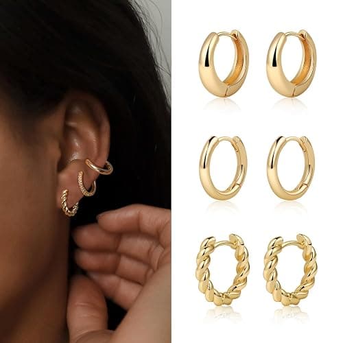MIDEEO Gold/Sliver Chunky Hoop Earrings Set for Women, 14K Gold Plated Twisted Huggie Hoop Earring Hypoallergenic Thick Open Lightweight Chunky Hoop Earrings Jewelry for Gifts thumbnail 3