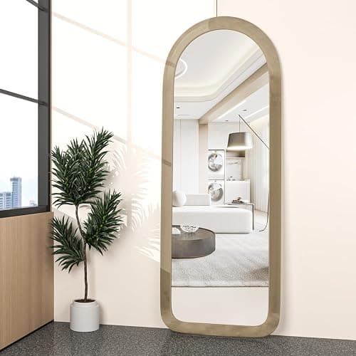 NEUWEABY Full Length Mirror 56"x20" Arch Floor Mirror with Stand Arched Full Body Mirror Standing Hanging or Leaning Against Wall for Bedroom Flannel Wrapped Wooden Frame Milk Tea thumbnail 5