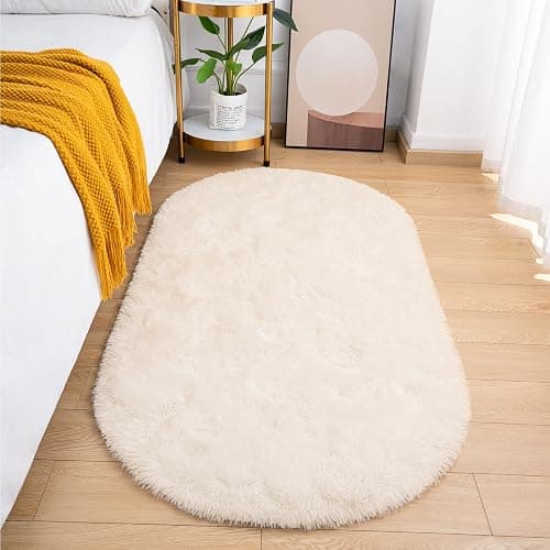 Goideal Fluffy Bedroom Rug, Small Oval Area Rugs, Cream Shag Bedside Carpet for Kids Room Nursery Dorm Cute Fuzzy Indoor Decor for Boy and Girl, 2.6 x 5.3 Feet - Image 1