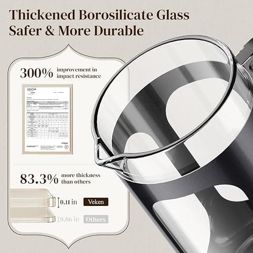 Veken French Press Coffee Maker 34oz, No Plastic Touching Cafe,Thickened Glass Stainless Steel Brewer, Cold Brew Cafetera Tea pot for Kitchen Travel Camping, Gifts, Decor, Bar Accessories, Dark Pewter thumbnail 5