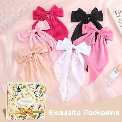 Unbednigt Hair Bows for Women, 6 PCS Silky Satin Hair Clips, Large Bow Hair Barrettes, Oversized Long Tail, Pink Color, Metal Bow Hair Clips, Aesthetic Hair Accessories thumbnail 5
