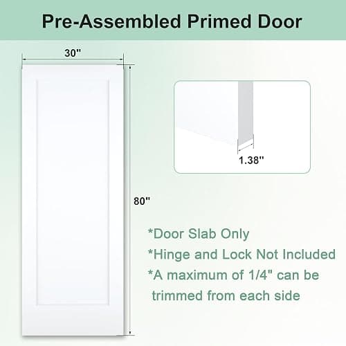 JUBEST 30"x80" 1-Panel Shaker Style White Primed Hollow Core Interior Molded Door Slab, Pre-Assembled Interior Door for Pantry, Laundry, Closet as Prehung, Bypass, Pocket Door, NOT Included Hardware thumbnail 2