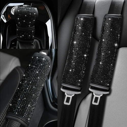 Valleycomfy Bling Steering Wheel Cover, Waterproof Diamond Floor Mats Sparkling 9-Pack Rhinestone Car Accessories for Women (Black Diamond Set) thumbnail 6