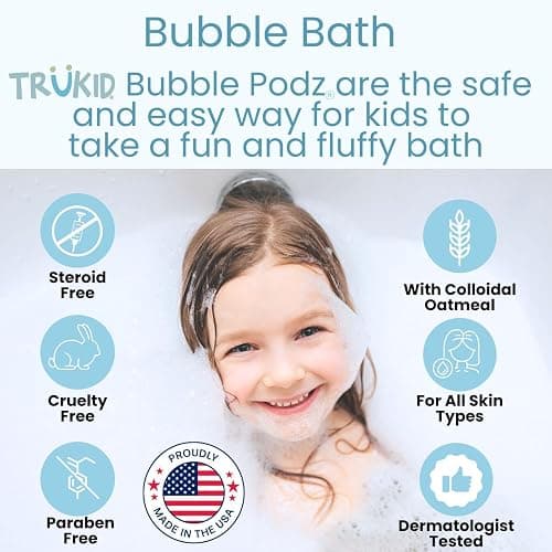 TruKid Bubble Podz Bubble Bath for Kids, Toddlers, & Babies, NEA-Accepted for Eczema, Gentle Refreshing Colloidal Oatmeal Bath Bomb for Sensitive Skin, pH Balanced, Tear Free, Unscented (24 Podz) thumbnail 4