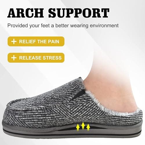 ONCAI Mens Clog Slippers with Arch Support Stripe Faux Fur Cotton-Blend High-Density Memory Foam Warm House Slippers Slip-on Indoor Outdoor Rubber Sole Size 7-16 thumbnail 5