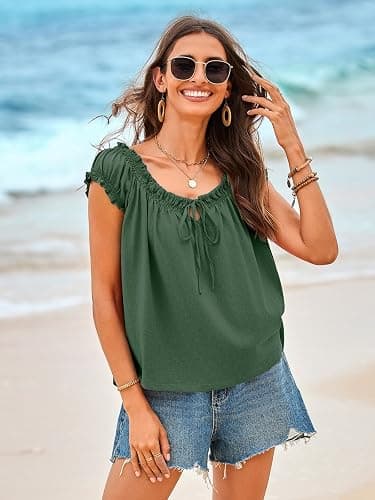 Tankaneo Women Summer Tie Front Tank Tops Cap Sleeve Pleated Babydoll Tops Casual Loose Fit Going Out Flowy Shirt thumbnail 6