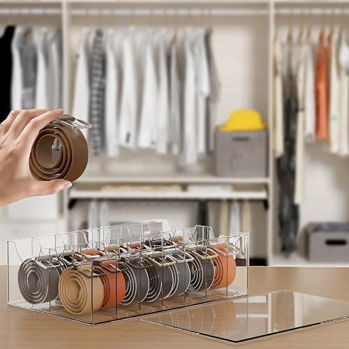 ACRYDECOR Large Acrylic Belt Organizer, Clear 14 Compartments Storage with Dust Cover, Display Holder for Home thumbnail 2