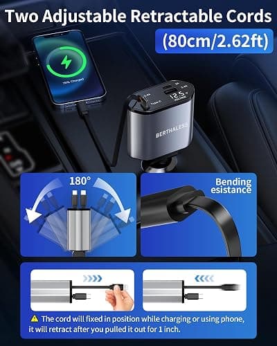 BERTHALESS Retractable Car Charger, 4 in 1 Fast Charging Car Charger with USB-C & USB-A, Compatible with iPhone 17/16/15/14/13/12/11,Galaxy,Pixel,Car Accessories Gifts for Fathers Day,Husband,Men,Dad thumbnail 2